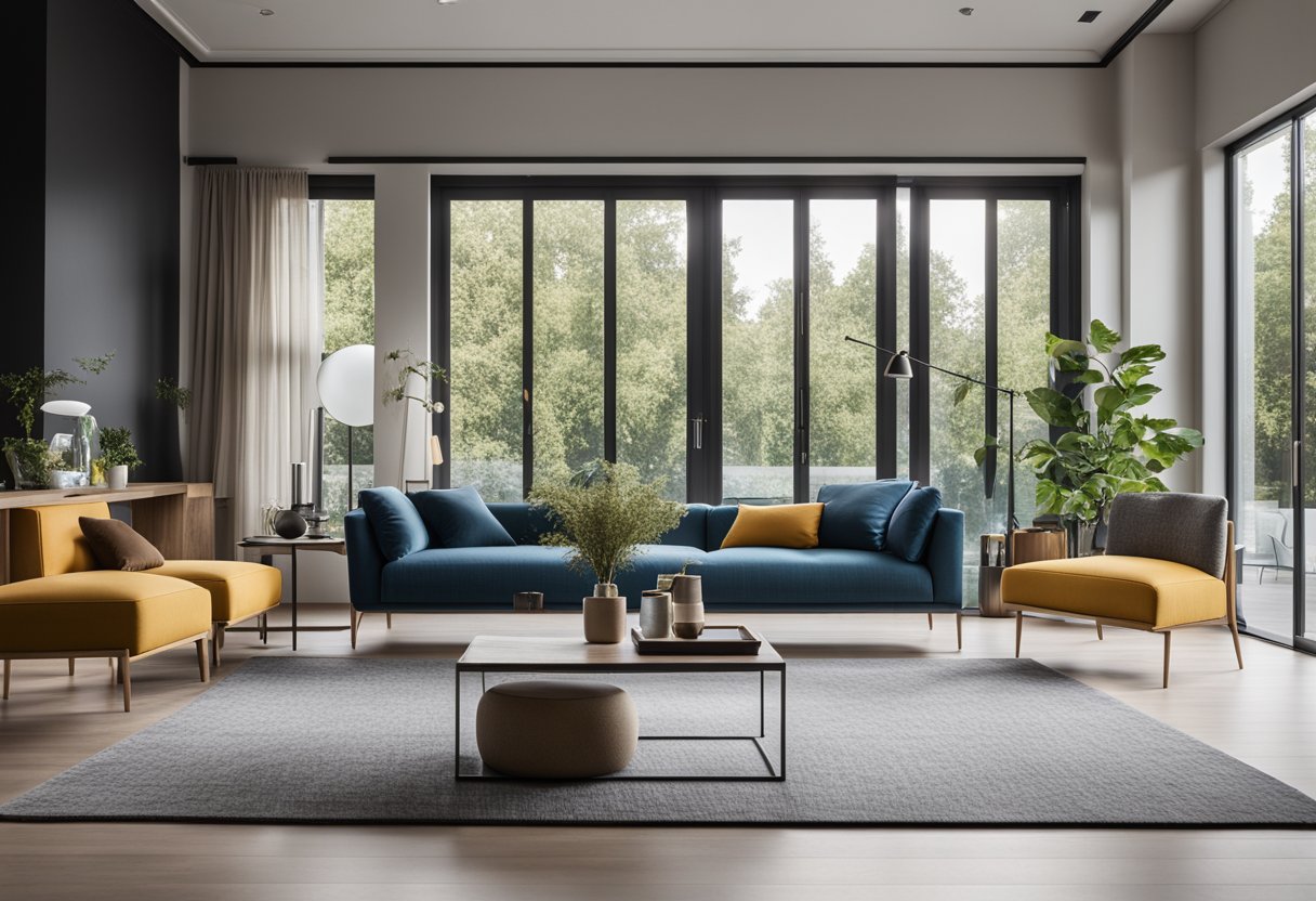 A modern living room with sleek furniture, minimalistic decor, and a pop of color. Large windows allow natural light to fill the space, creating a bright and airy atmosphere