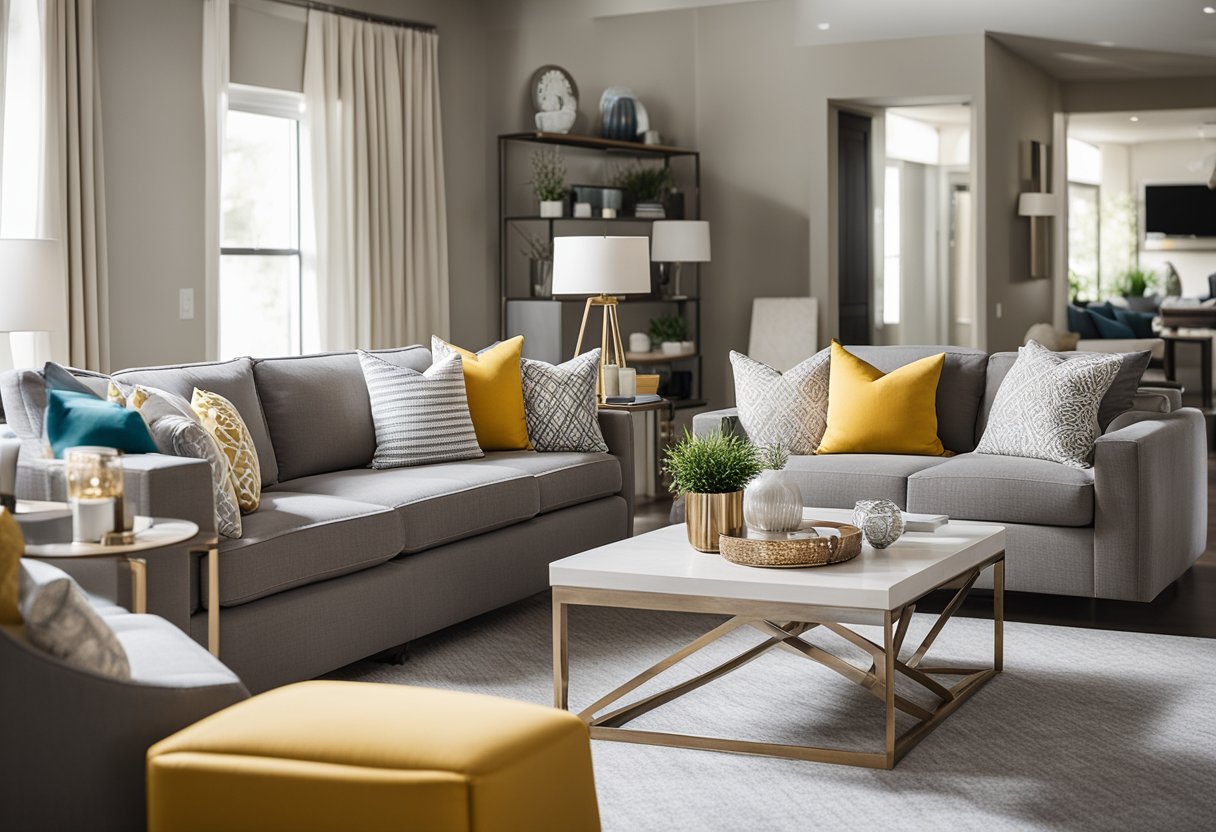 A living room with a neutral color palette, accented by bold pops of color in the form of throw pillows, artwork, and accent furniture