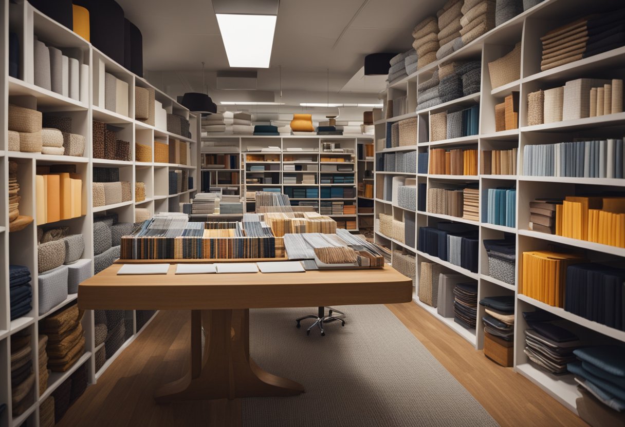The design shop is filled with natural light, showcasing a variety of colorful fabrics, patterns, and textures. Shelves are neatly organized with design books and sketch pads, while a large worktable in the center of the room is surrounded by swivel chairs