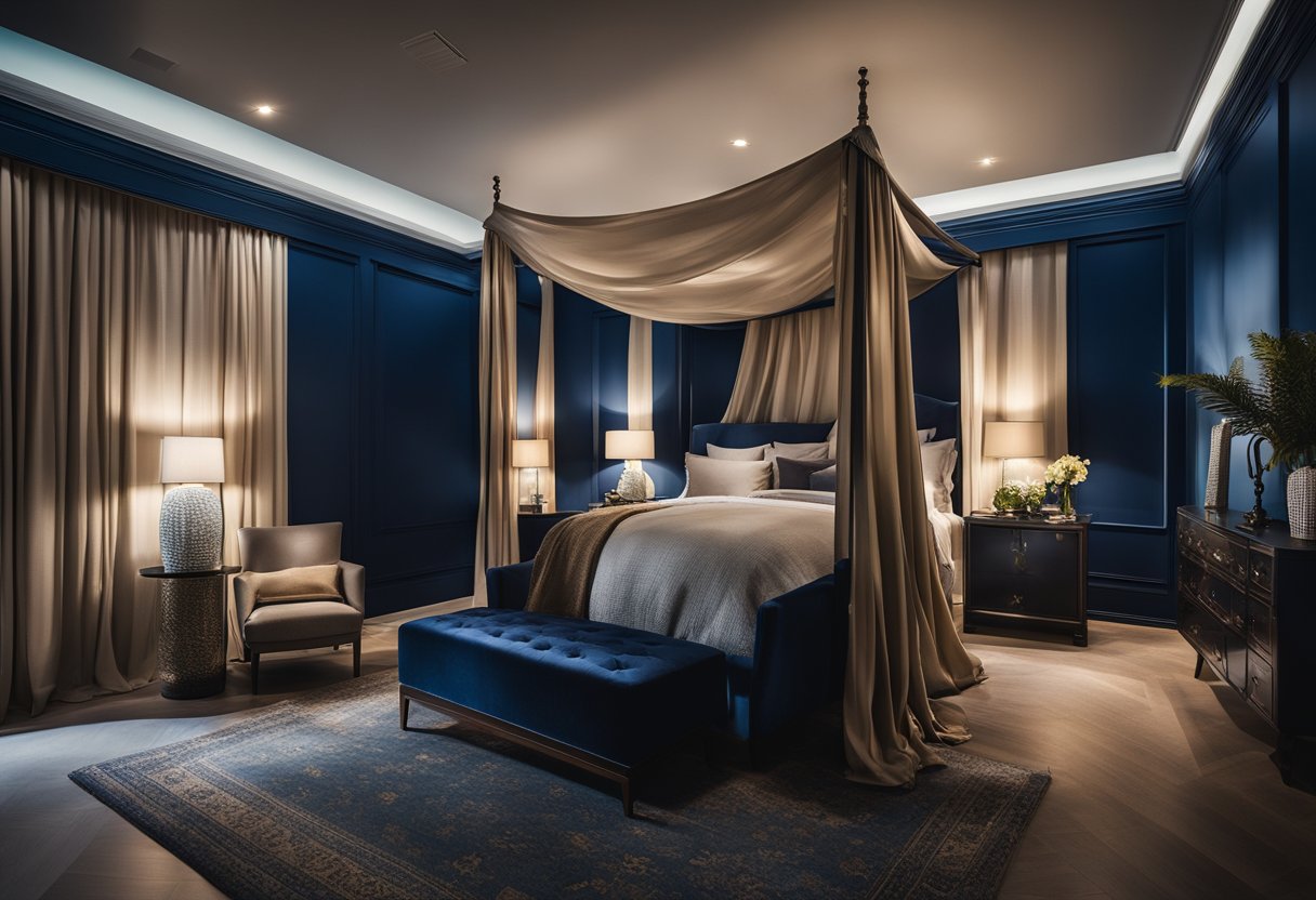 A dimly lit bedroom with deep blue walls, a canopy bed draped in rich fabrics, and soft, muted lighting casting dramatic shadows