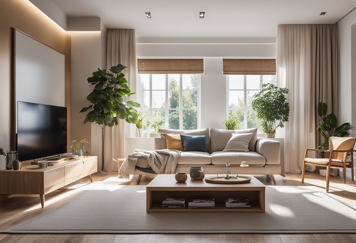 A cozy, clutter-free living room with space-saving furniture and clever storage solutions. Bright, natural light streams in through a large window, illuminating the stylish yet functional design