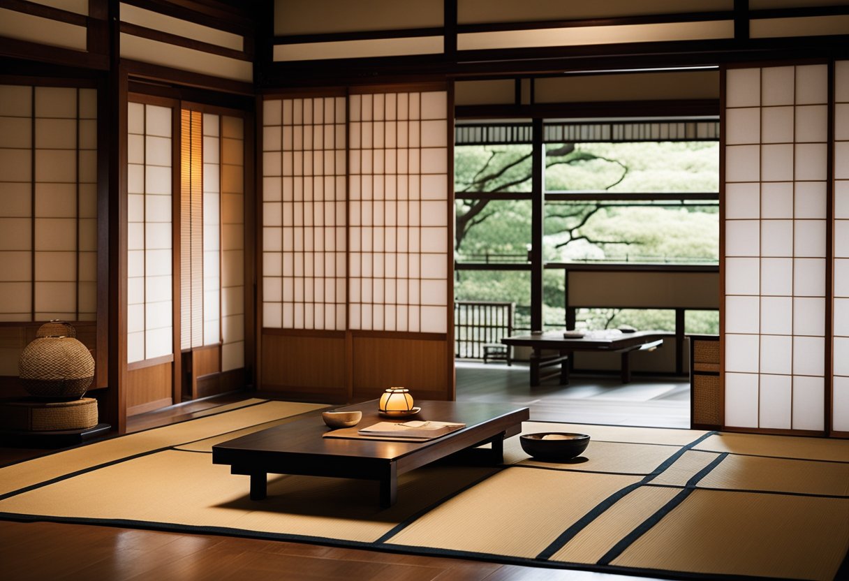 A traditional Japanese interior with sliding doors, tatami mats, low wooden furniture, and paper lanterns