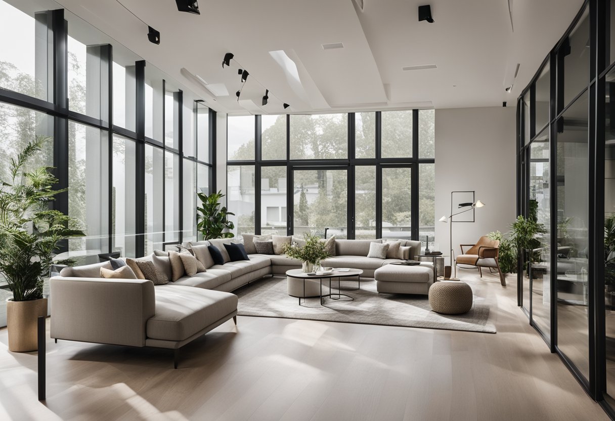 A spacious interior with modern furniture, clean lines, and a neutral color palette. Large windows allow natural light to fill the space, highlighting the carefully curated design items on display