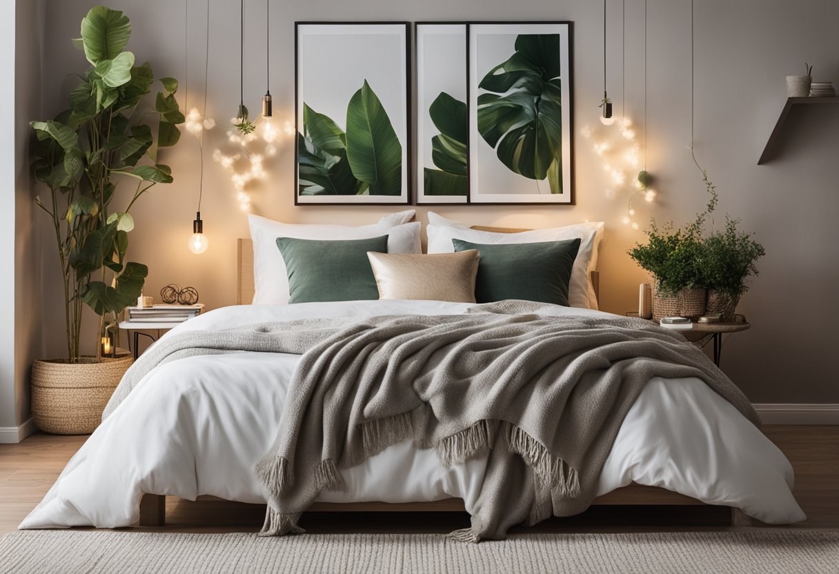 A cozy bedroom with custom wall art, soft lighting, and personalized decor. Books and plants add a touch of nature, while a plush rug and throw pillows create a comfortable and inviting space