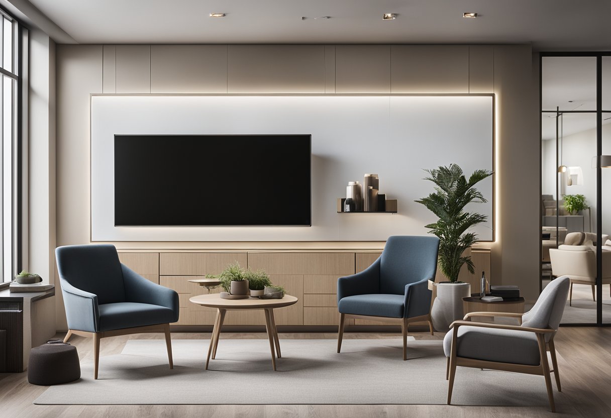 A modern, minimalist office space with sleek furniture and neutral color palette. A large, wall-mounted display showcases the "Frequently Asked Questions" for DK interior design