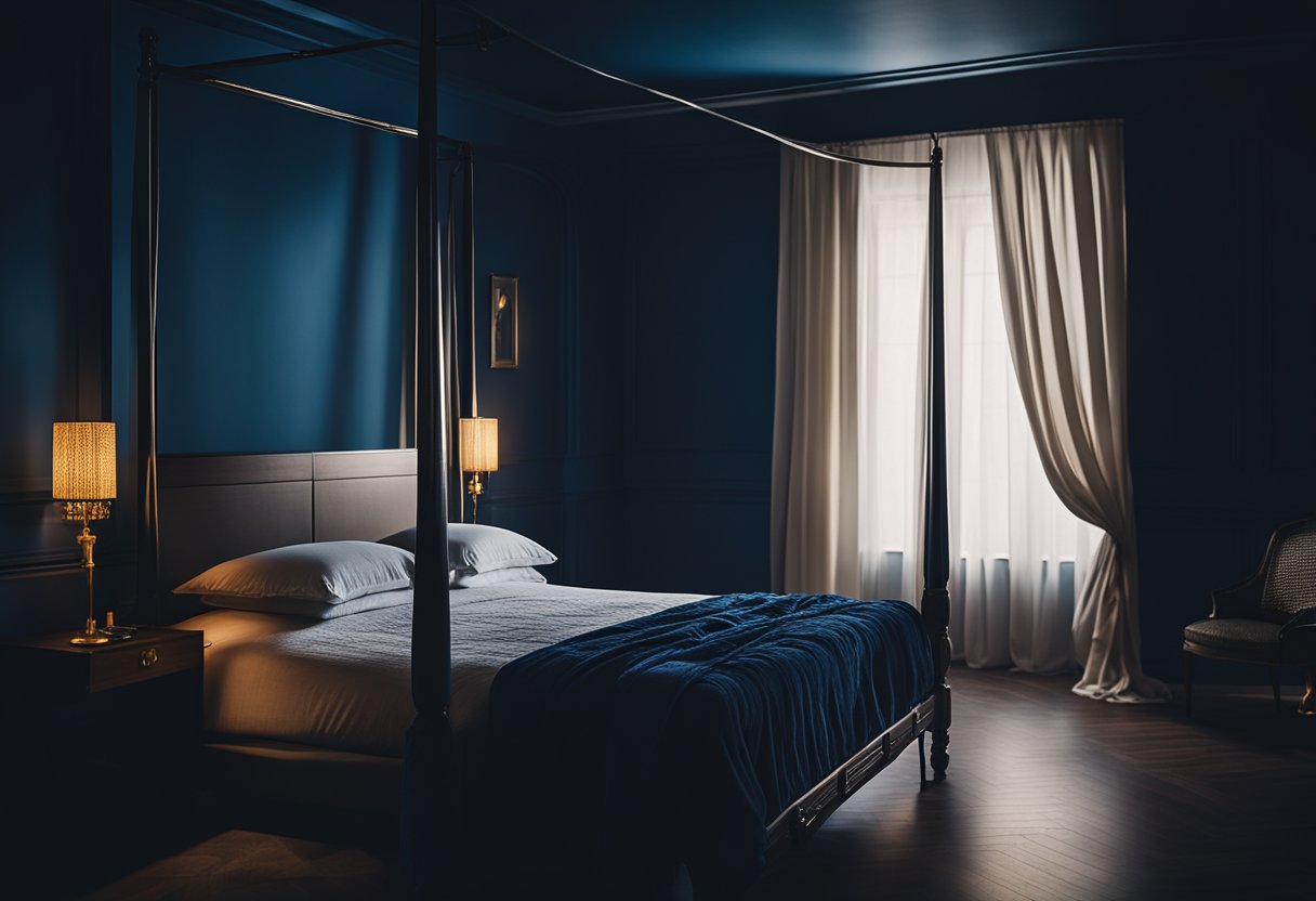 A dark, dimly lit bedroom with deep blue walls, a canopy bed draped in sheer fabric, and soft, flickering candlelight casting shadows on the walls