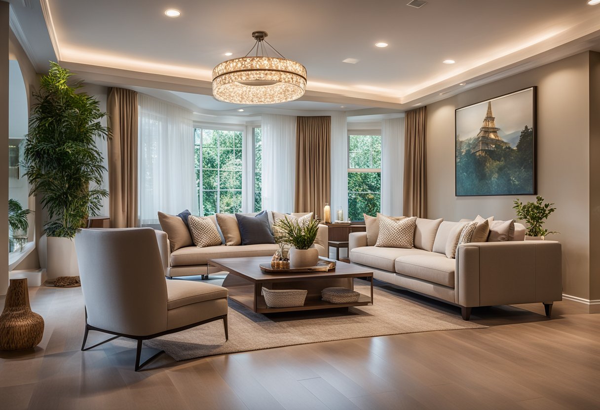 A well-lit living room with warm, ambient lighting from recessed ceiling fixtures and a combination of task and accent lighting to highlight artwork and architectural features