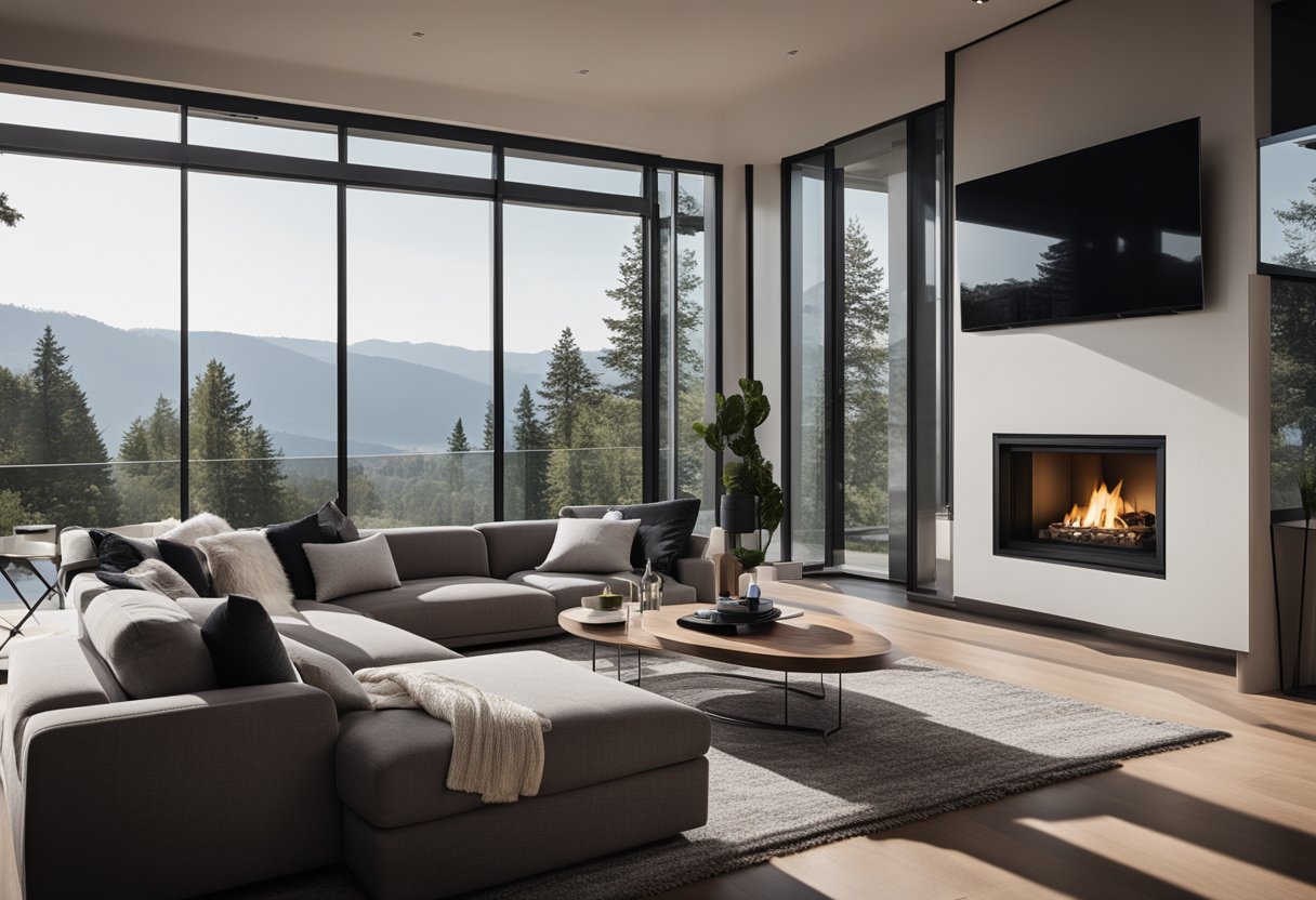 A modern living room with sleek furniture, a cozy fireplace, and large windows offering a view of the surrounding landscape
