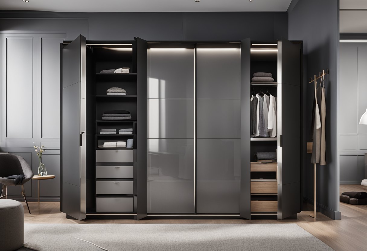 A sleek, modern wardrobe with sliding doors and built-in storage compartments, accented with stylish handles and a glossy finish