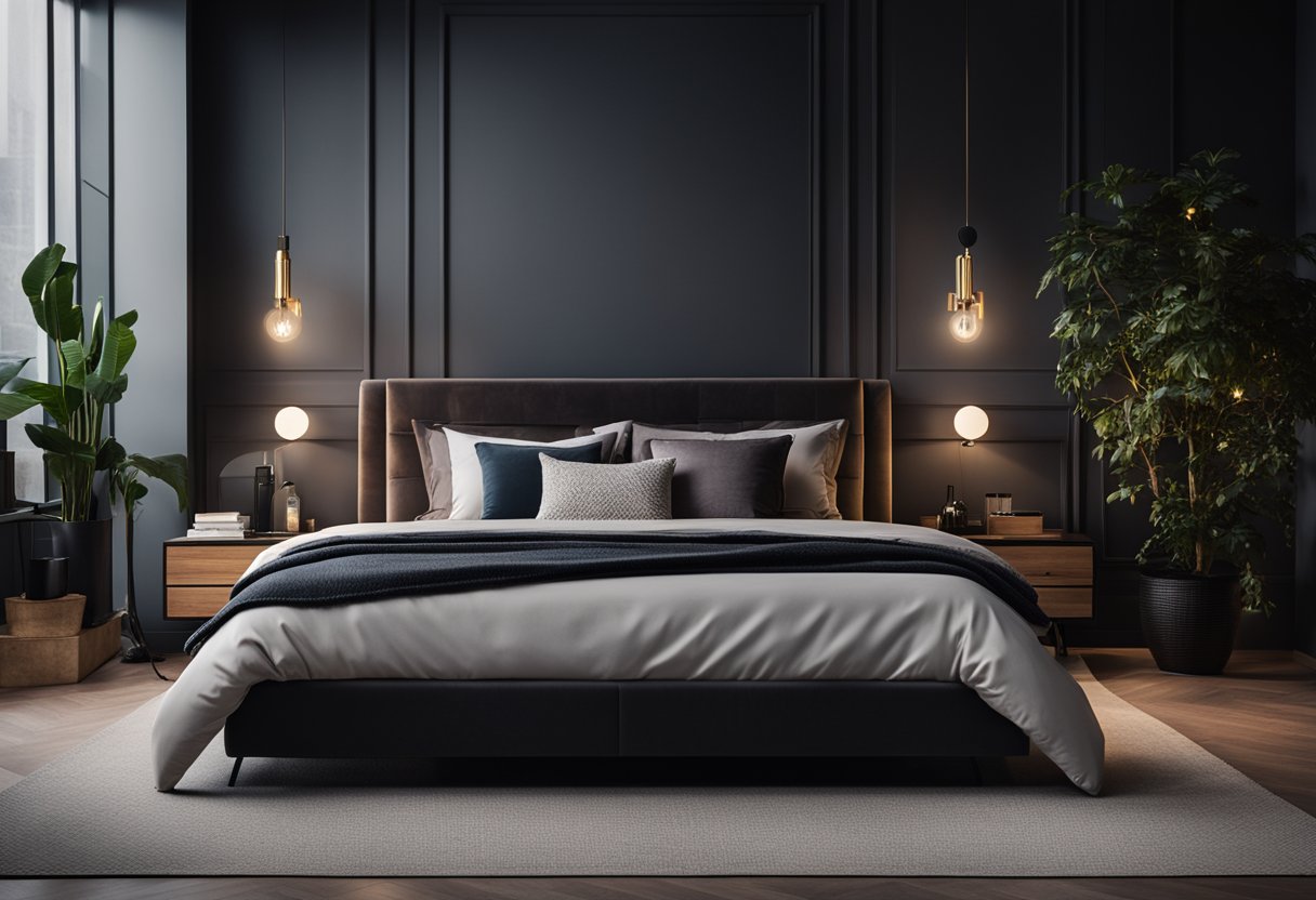 A cozy bedroom with modern furniture, soft lighting, and plush bedding. Rich, dark colors create a moody yet inviting atmosphere