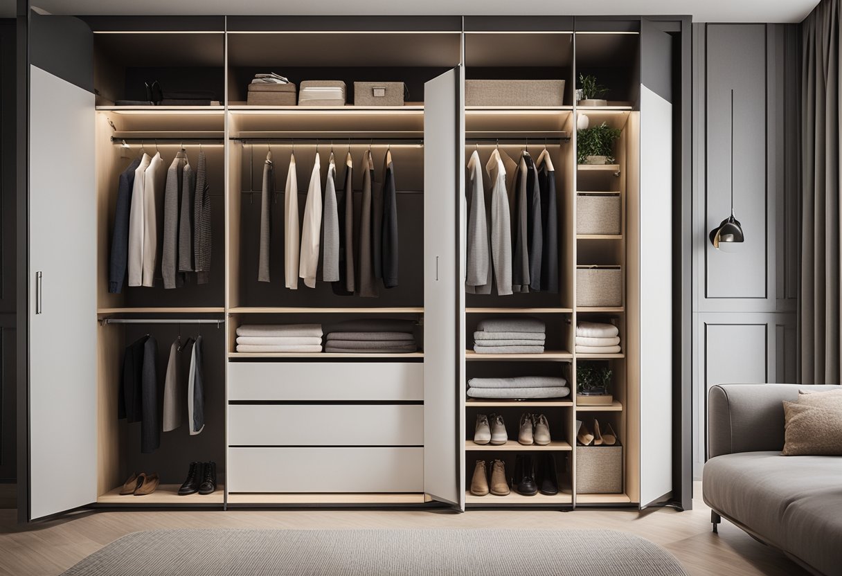 A sleek, modern wardrobe with sliding doors and built-in storage compartments, accented with minimalist decor and soft lighting