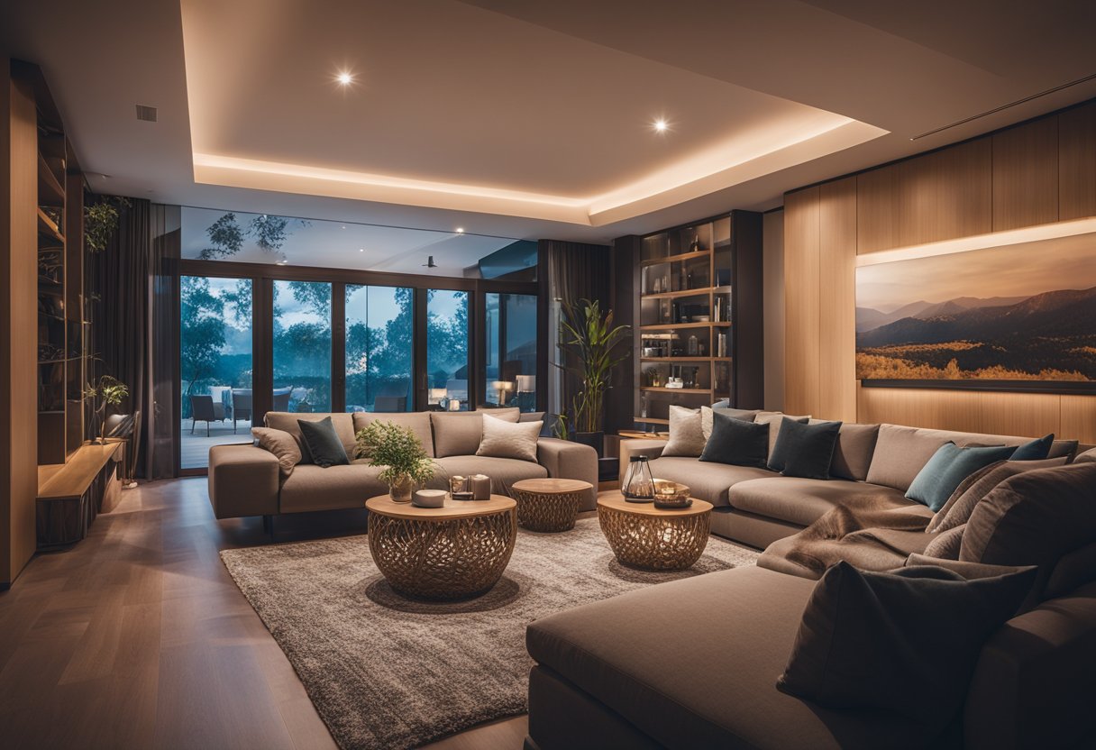 A cozy living room with warm, ambient lighting, casting soft shadows and highlighting key design elements. Multiple light sources strategically placed for both functionality and aesthetic appeal