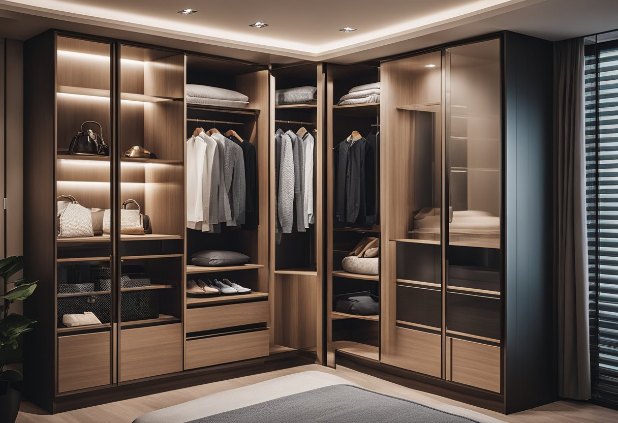 A sleek, modern bedroom wardrobe in Singapore with customizable compartments and elegant lighting