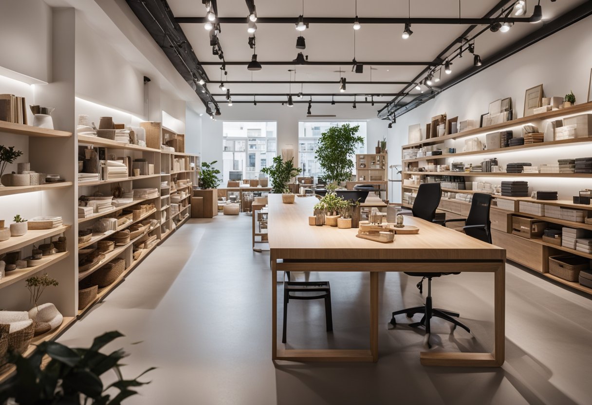 A modern design shop interior with clean lines, minimalist furniture, and bright lighting. Shelves neatly display various decor items and textiles. A large work table sits in the center, surrounded by design books and tools