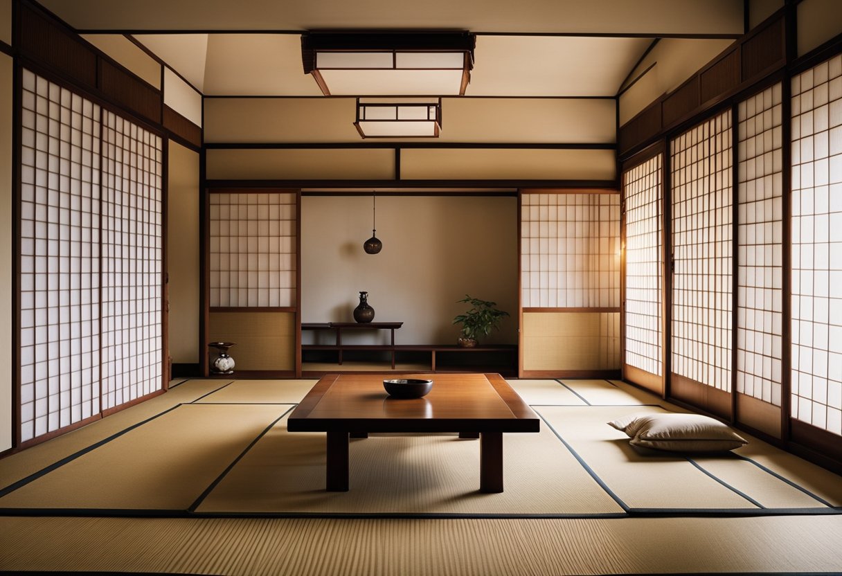 A traditional Japanese tatami room with sliding paper doors, low wooden furniture, and minimal decor. The room features shoji screens, a tokonoma alcove, and a serene, balanced design
