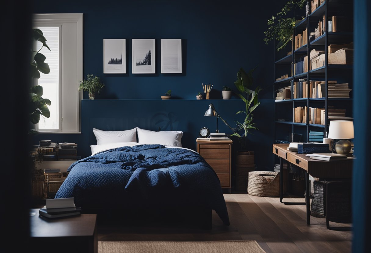 A dimly lit bedroom with deep blue walls, a cozy bed with rumpled sheets, and a small desk cluttered with papers and books
