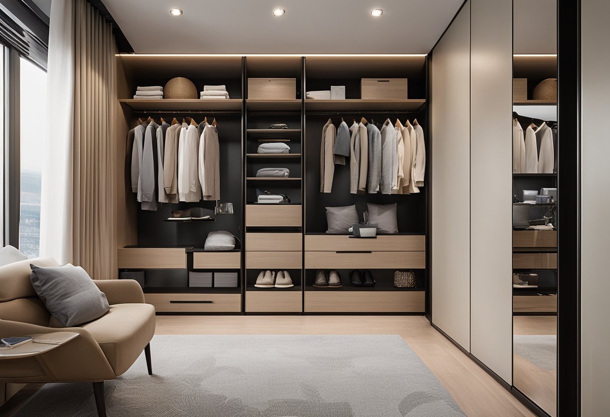 A modern bedroom with a sleek, built-in wardrobe in Singapore. Clean lines, ample storage, and stylish organization solutions