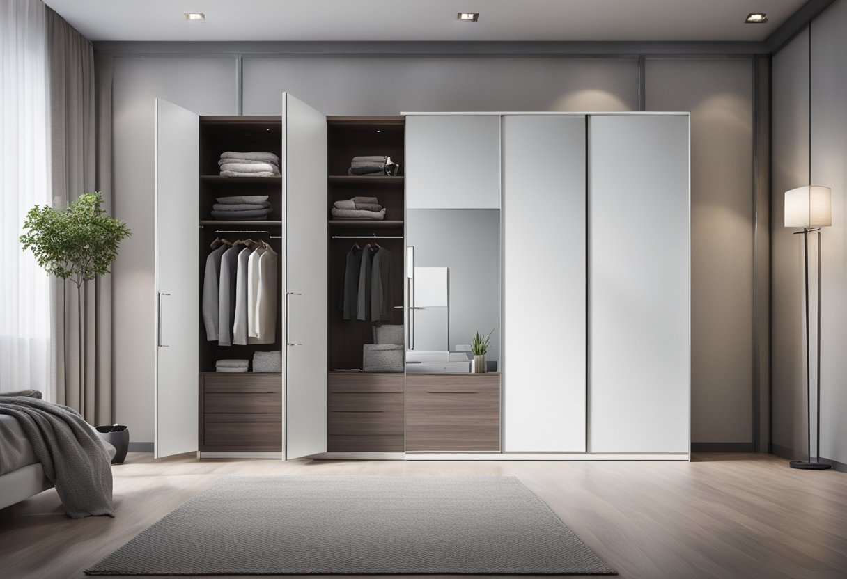 A sleek, white slider wardrobe stands against a wall in a modern bedroom, with mirrored doors and chrome handles