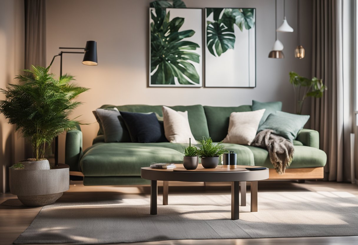 A cozy living room with modern furniture and warm lighting, accented with green plants and abstract artwork