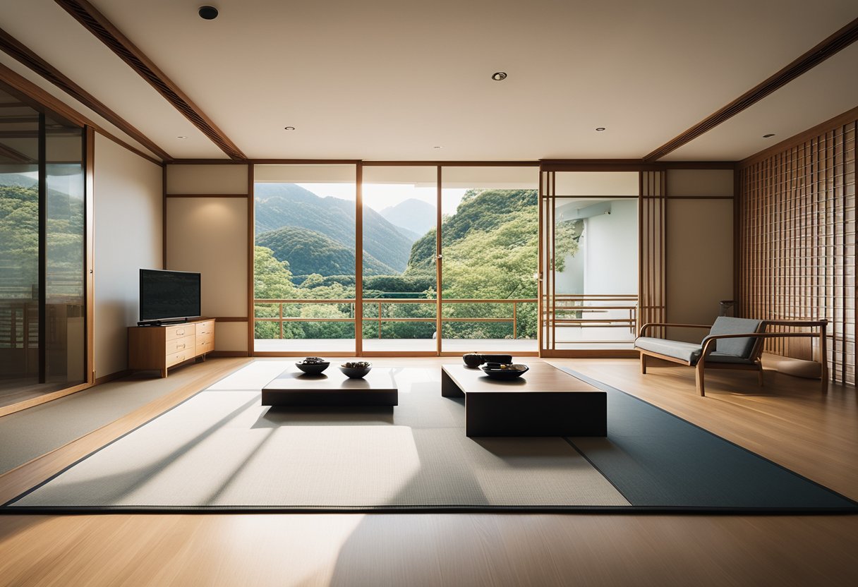 A modern Japanese-style interior with clean lines, sliding doors, tatami mats, and minimalist furniture