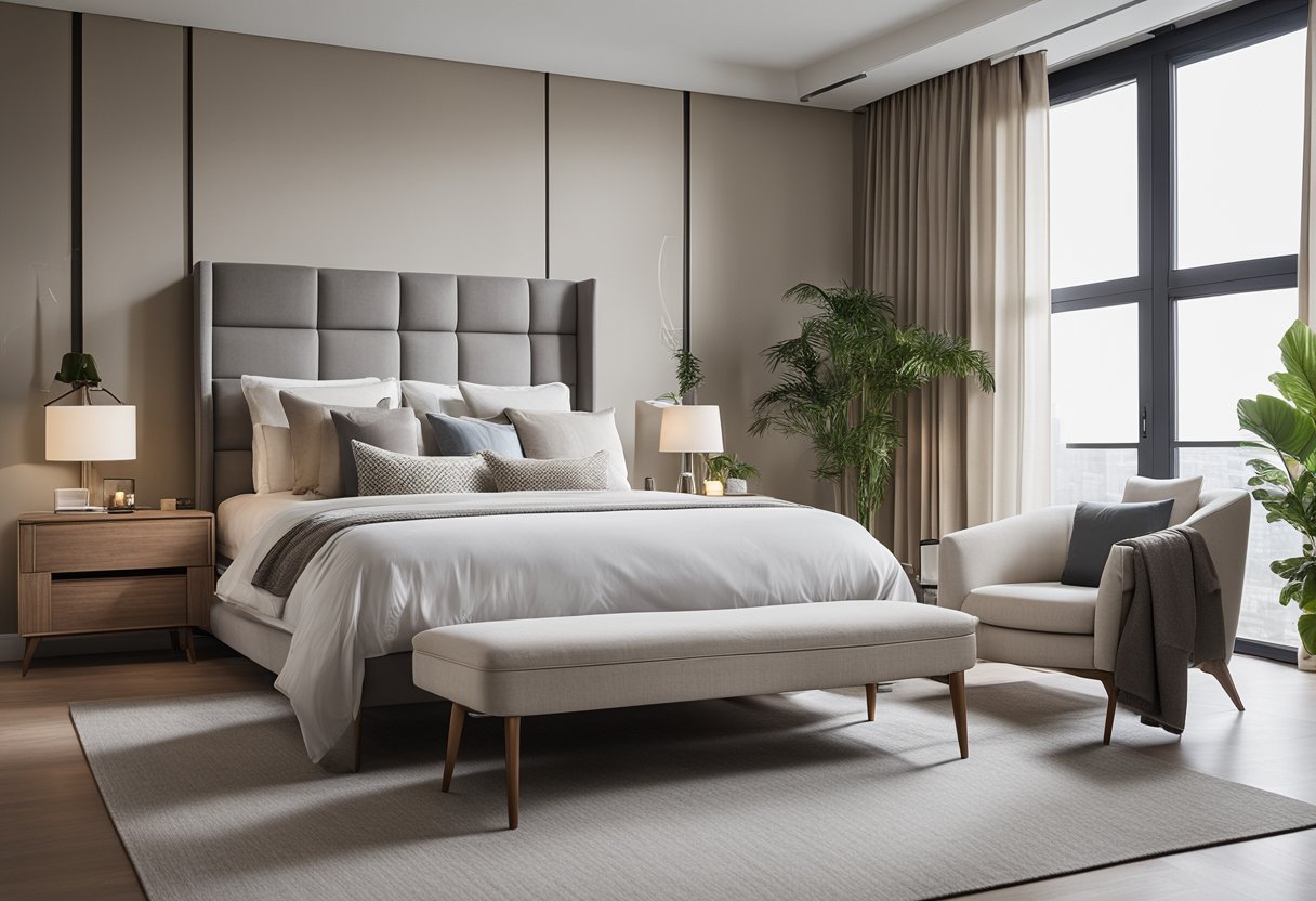 A spacious 5-room bedroom with modern furniture, large windows, and a neutral color palette
