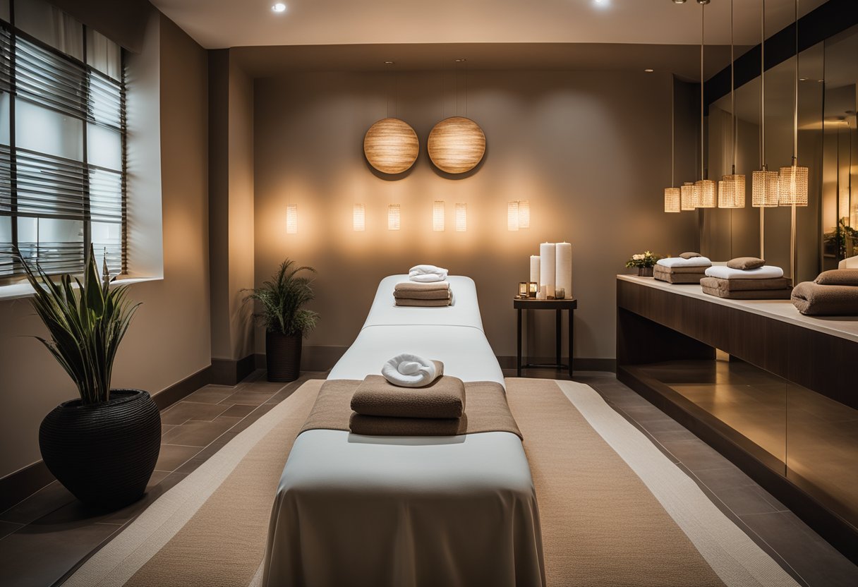 A serene massage spa with soft lighting, calming earthy tones, plush seating, and a soothing water feature. Treatment rooms are private with cozy linens and tranquil decor
