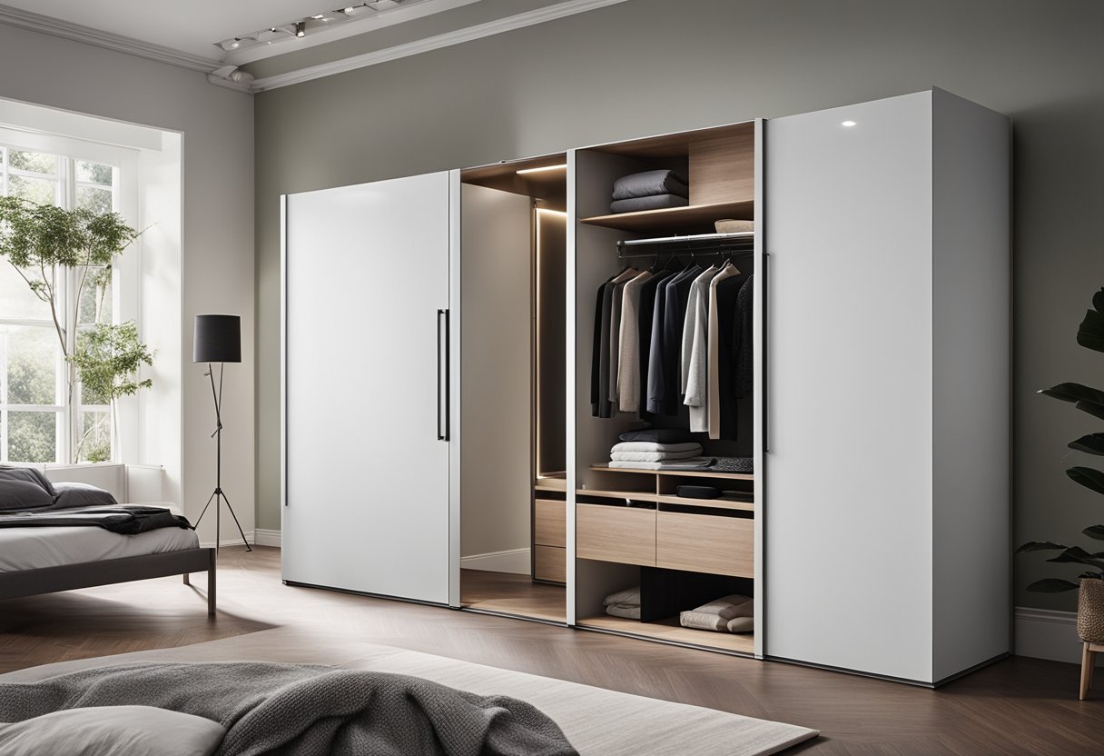 A sleek, minimalist slider wardrobe with clean lines and modern finishes, set against a backdrop of a stylish bedroom interior