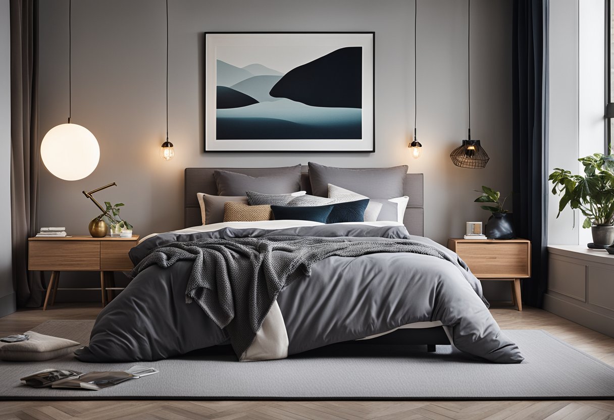 A cozy bedroom with modern decor, featuring a comfortable bed with plush bedding, a stylish nightstand with a lamp, and a gallery wall of framed artwork