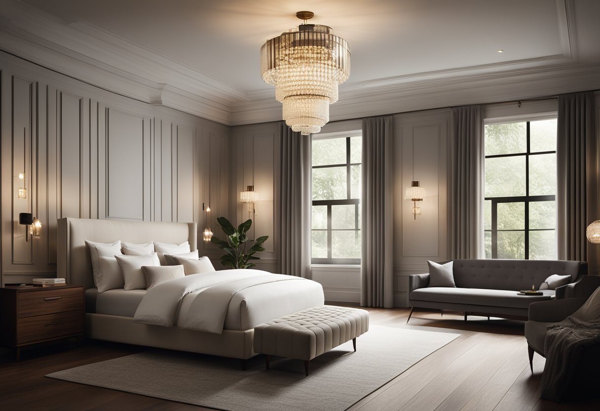 A classic modern bedroom with clean lines, neutral colors, and minimalist furniture. A large, plush bed with crisp white linens sits against a backdrop of sleek, dark wood paneling. A vintage chandelier hangs from the ceiling, casting a warm glow