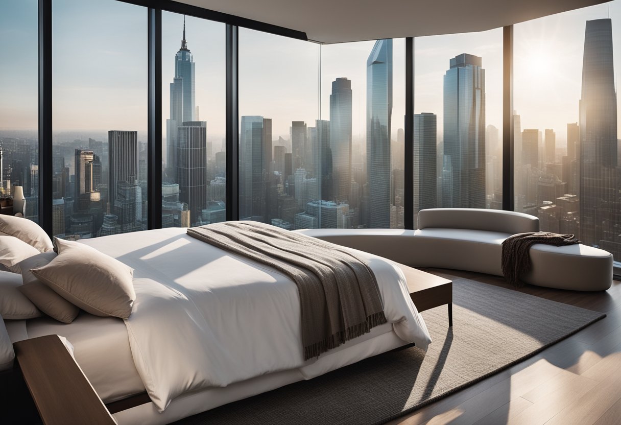 A spacious, minimalistic master bedroom with a large platform bed, sleek furniture, and floor-to-ceiling windows overlooking a city skyline