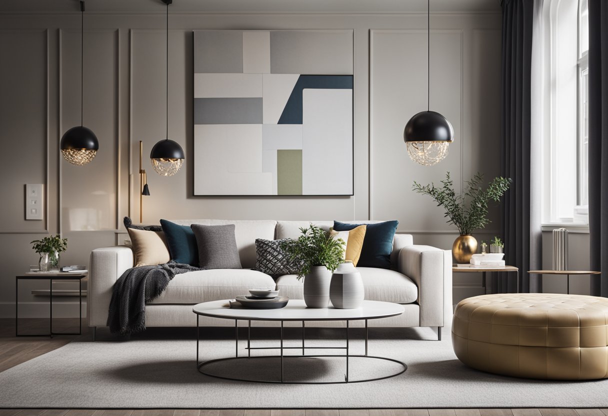 A modern living room with clean lines, neutral colors, and pops of vibrant accents. A sleek sofa, geometric coffee table, and statement lighting complete the space
