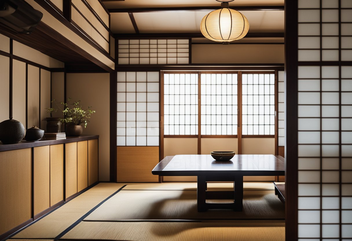 A traditional Japanese interior with sliding doors, tatami mats, and minimalistic furniture arranged in a harmonious and functional manner