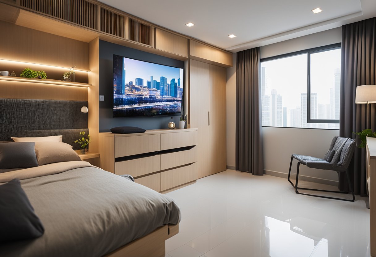 The 5-room HDB bedroom has a space-saving design with built-in storage, a fold-down desk, and a wall-mounted TV