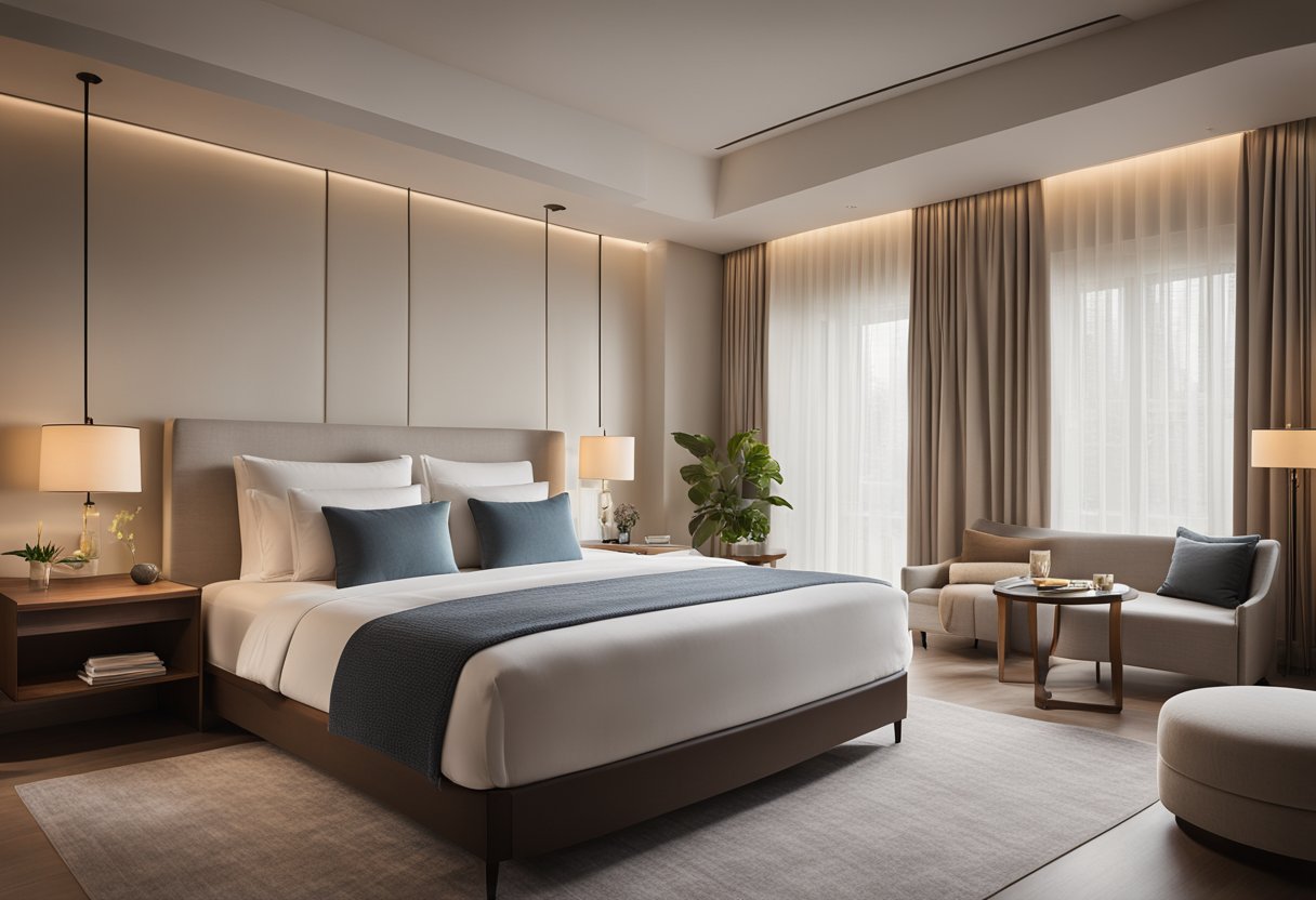 A cozy hotel bedroom with a king-size bed, soft lighting, and a neutral color palette. A large window lets in natural light, and there's a small seating area for relaxation