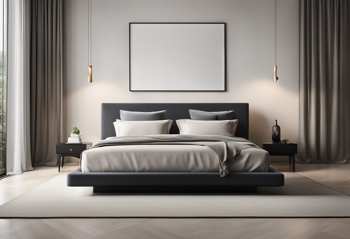 A sleek, minimalist bed with clean lines sits against a backdrop of a neutral-colored accent wall. A large, statement piece of artwork hangs above the bed, adding a pop of color to the otherwise monochromatic space