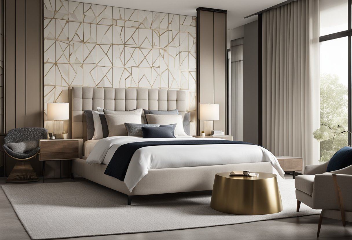A spacious bedroom with clean lines, neutral colors, and elegant furniture. A large, plush bed sits against a feature wall with a bold, geometric pattern. A sleek nightstand and a stylish reading chair complete the modern classic look