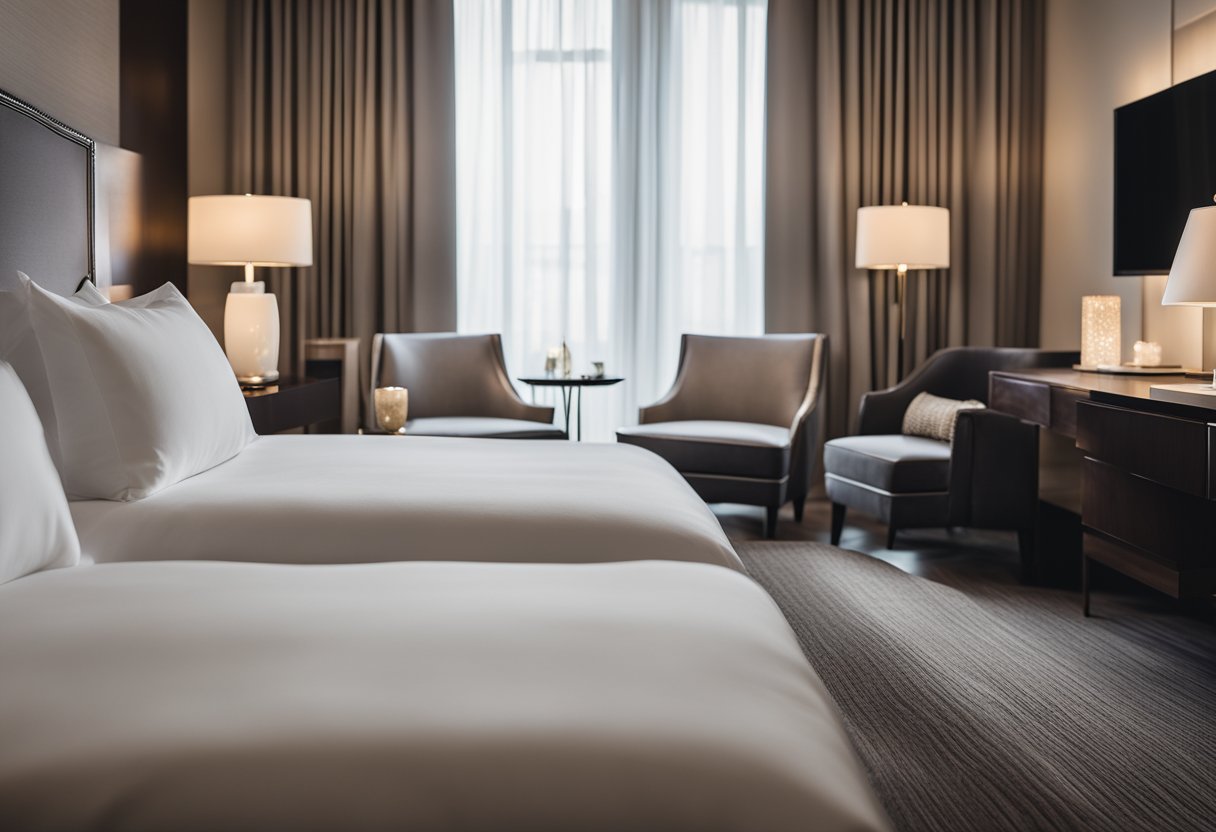A plush king-size bed with crisp white linens, fluffy pillows, and a velvet headboard. Soft ambient lighting, elegant drapes, and a sleek writing desk complete the luxurious hotel bedroom experience