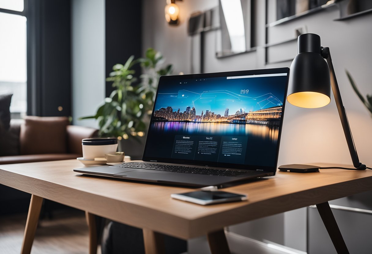 An open laptop displaying a sleek, modern interior design portfolio with various room layouts and color schemes. A desk lamp illuminates the scene