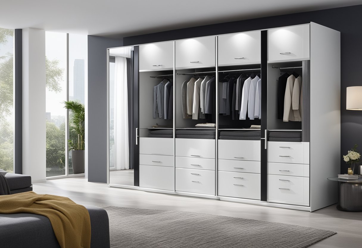 A sleek, white modern slider wardrobe with chrome handles and a mirrored door, neatly organized with hanging rods, shelves, and drawers