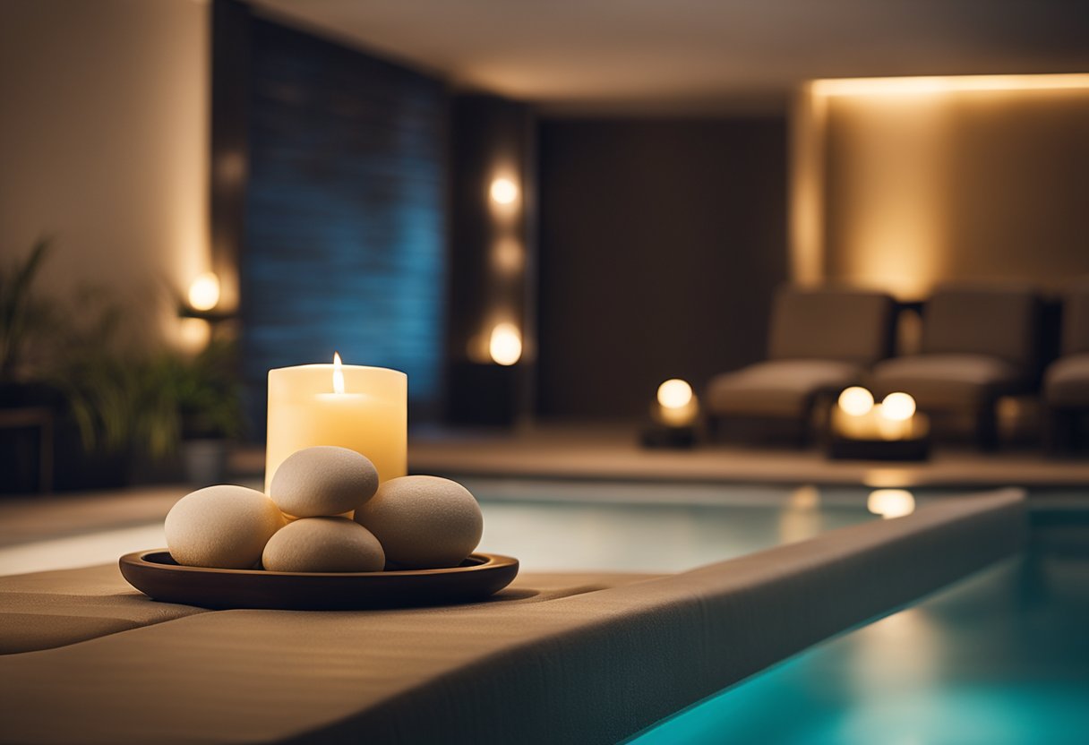 A serene massage spa interior with soft lighting, natural materials, and calming colors. A large, tranquil water feature adds a sense of tranquility