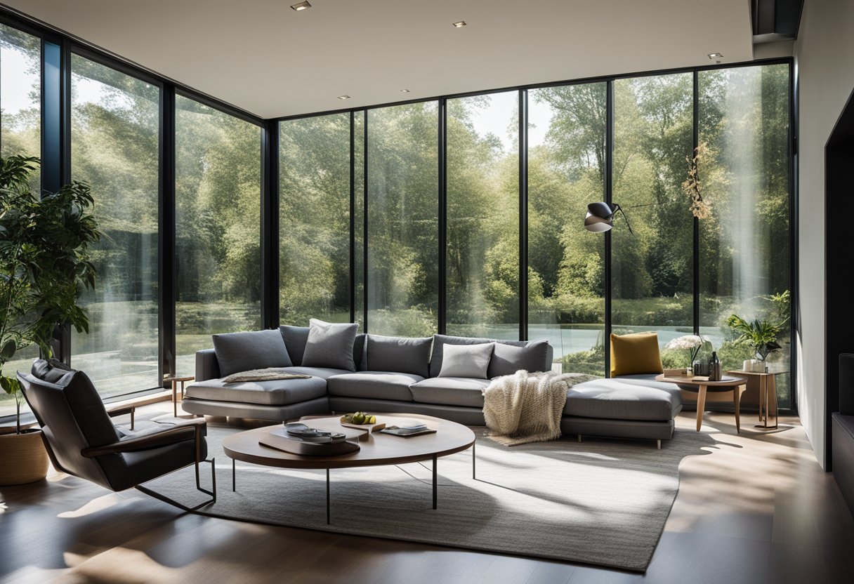 A modern living room with glass walls, sleek furniture, and natural light streaming in, creating a seamless connection between indoor and outdoor spaces