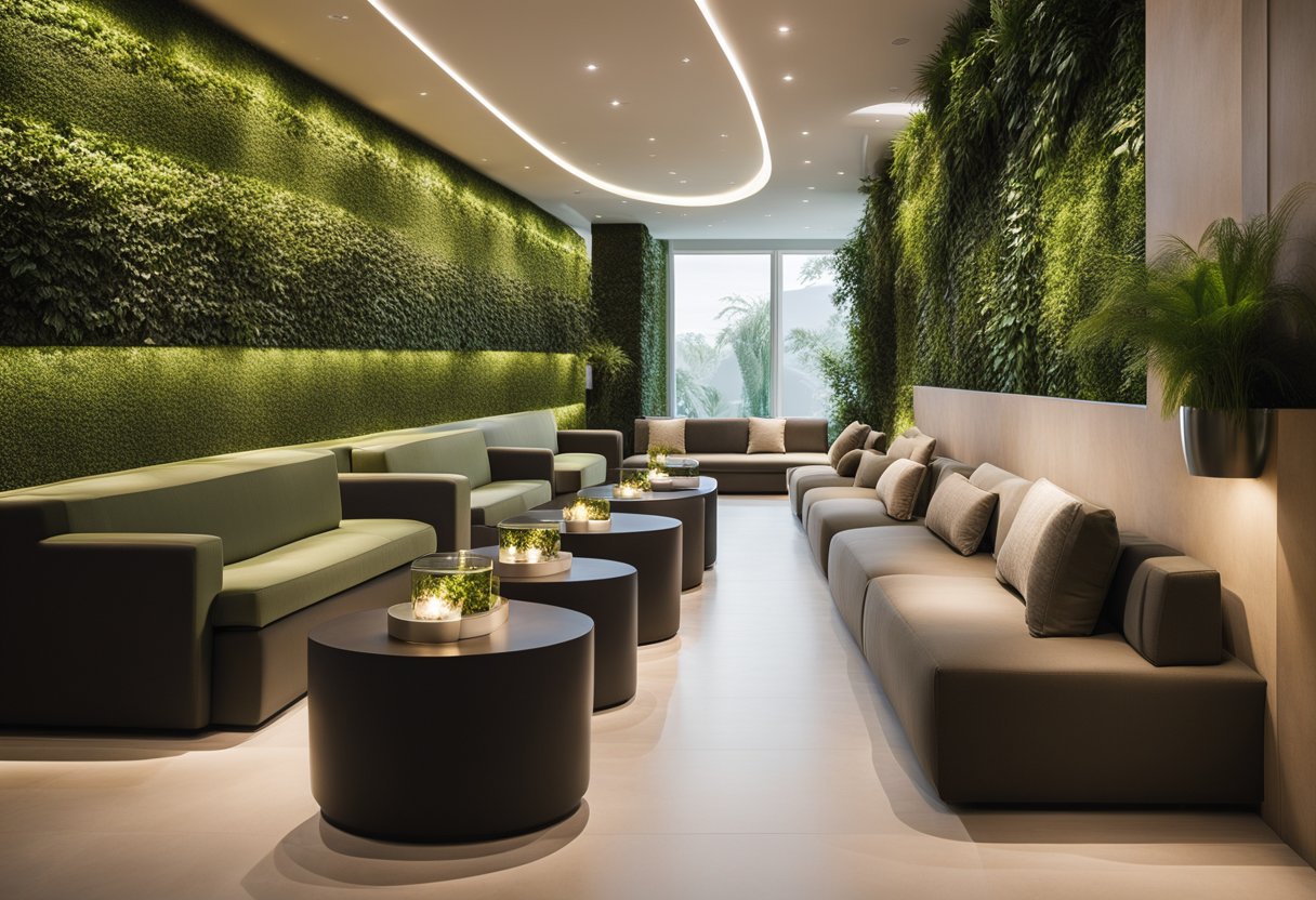 A modern spa with plush seating, natural lighting, and eco-friendly materials. A living green wall and energy-efficient lighting create a serene, luxurious atmosphere