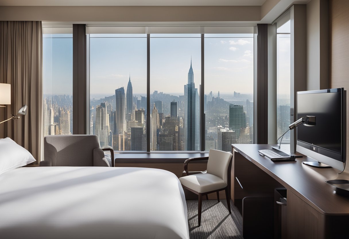 The hotel bedroom features a plush king-sized bed with crisp white linens, a sleek writing desk with a modern lamp, and large windows overlooking a serene cityscape