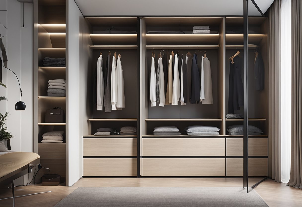A sleek, minimalist slider wardrobe in a modern bedroom setting with clean lines and ample storage space