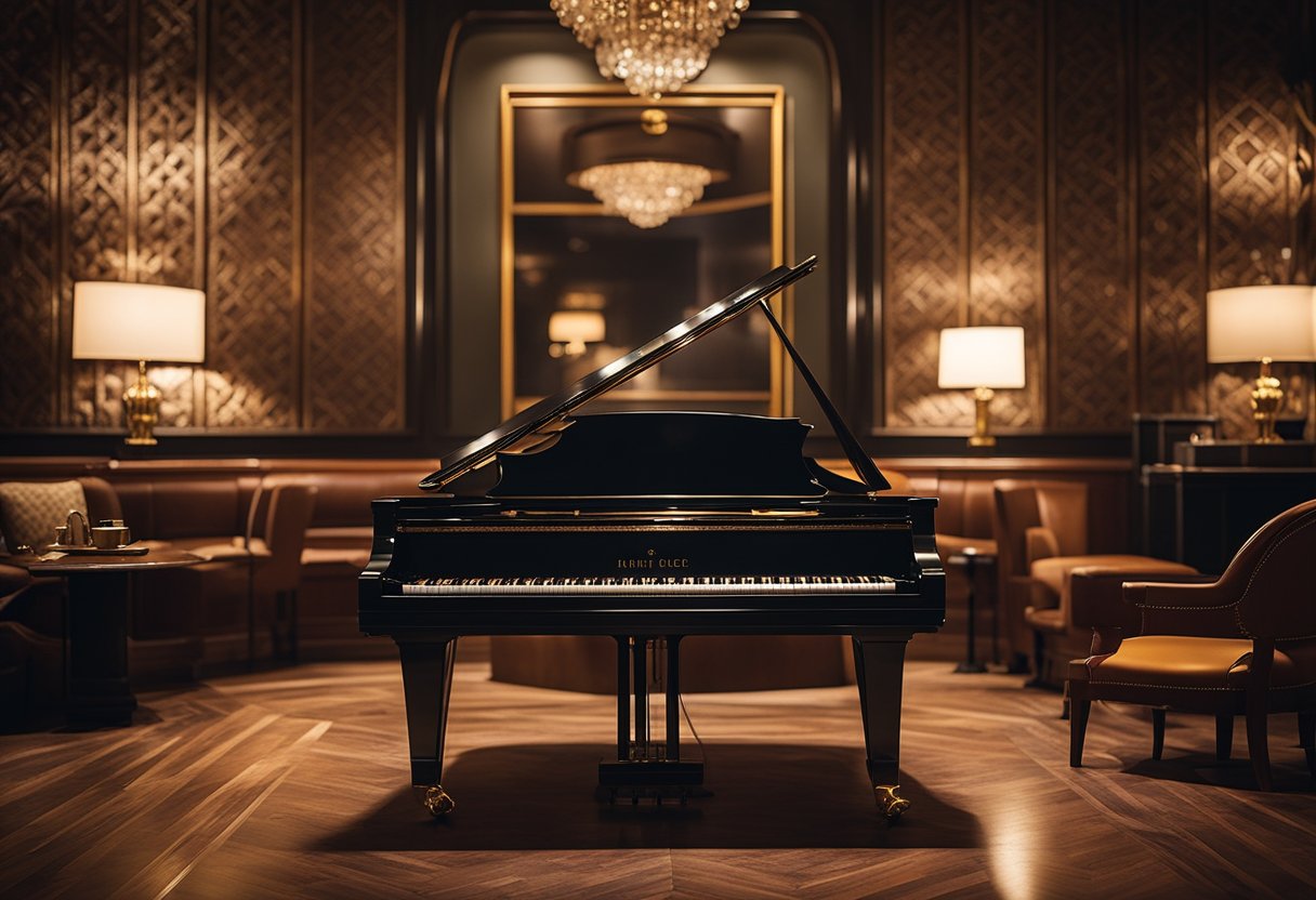 A dimly lit room with a grand piano, vintage record player, and cozy seating. Art deco patterns and rich colors adorn the walls and furnishings