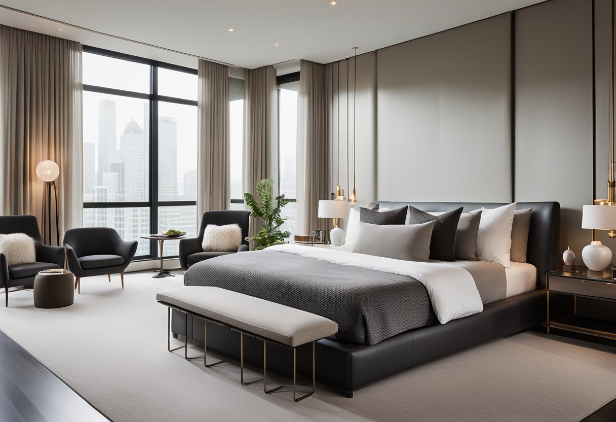 A sleek, minimalist master bedroom with clean lines, neutral colors, and luxurious textures. A large, plush bed sits against a backdrop of floor-to-ceiling windows, with a cozy seating area and a statement lighting fixture adding warmth and sophistication to the space