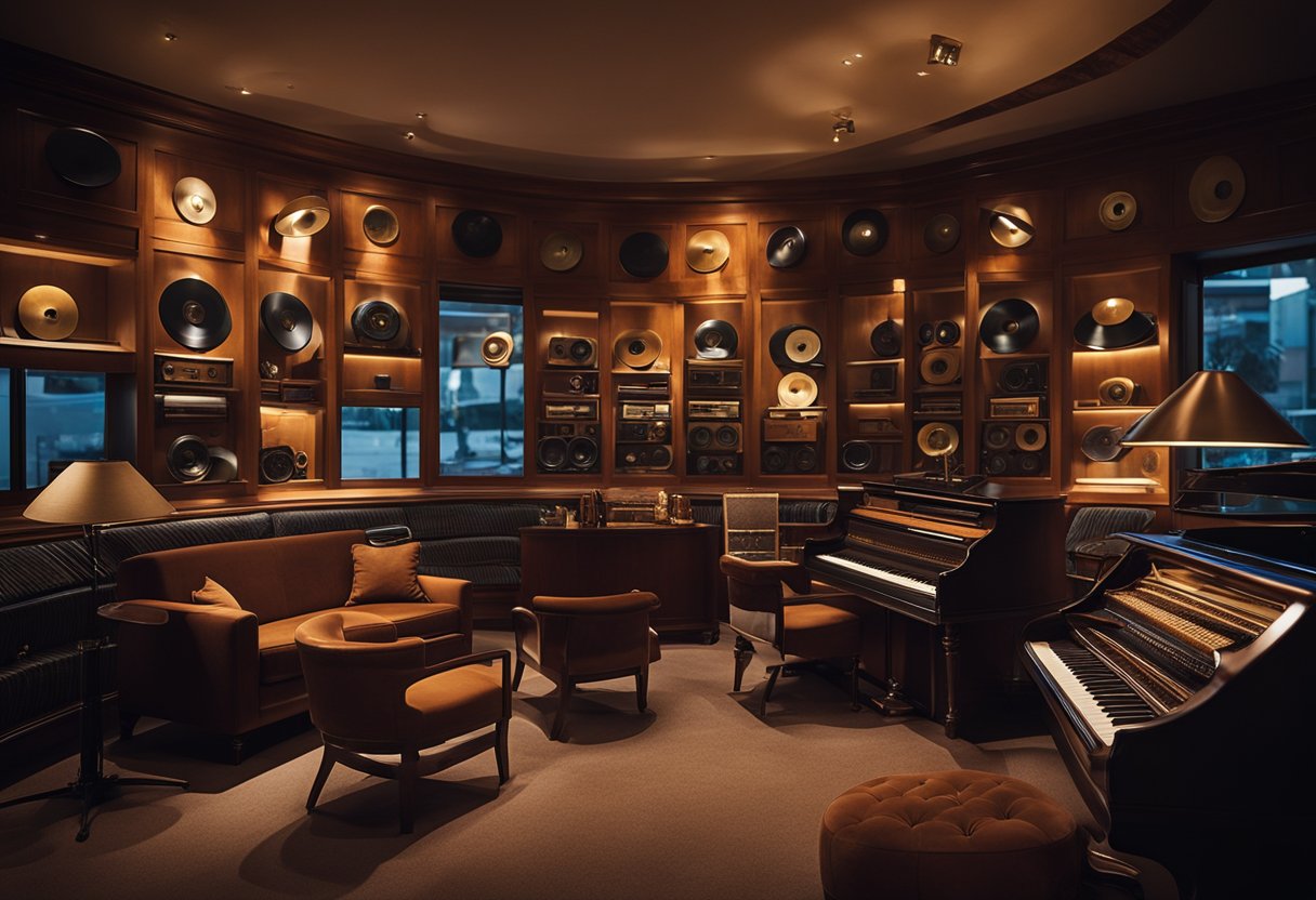 A dimly lit room with rich, warm colors and smooth, curved lines. Vintage instruments and records adorn the walls, while plush seating invites relaxation
