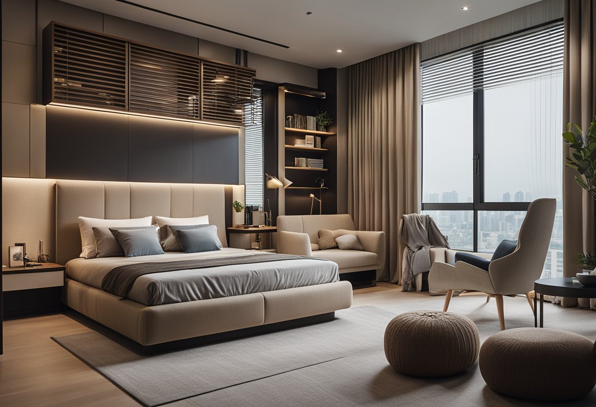A modern 5-room HDB bedroom with sleek furniture, neutral colors, and ample storage. A large window lets in natural light, and the room is adorned with stylish decor and functional design elements