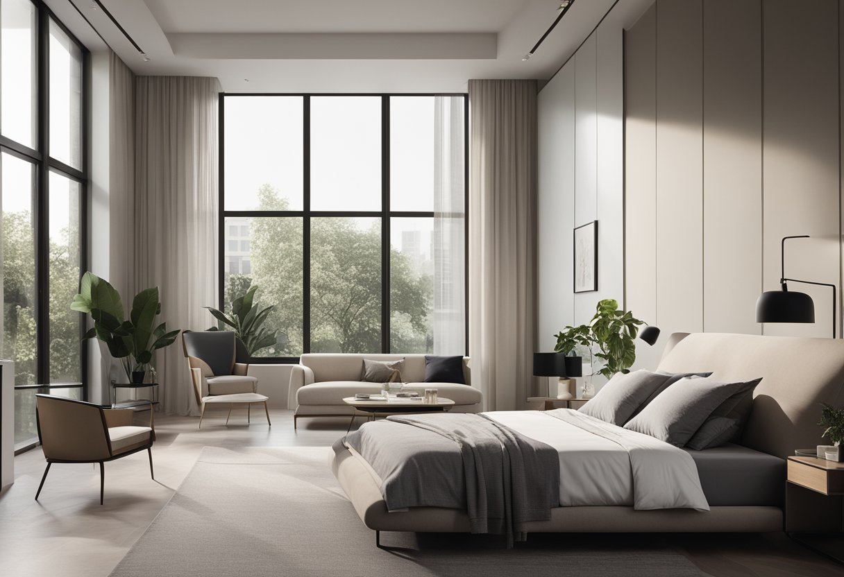 A sleek, minimalist bedroom with clean lines, neutral colors, and a mix of modern and classic furniture. Large windows let in natural light, illuminating the space