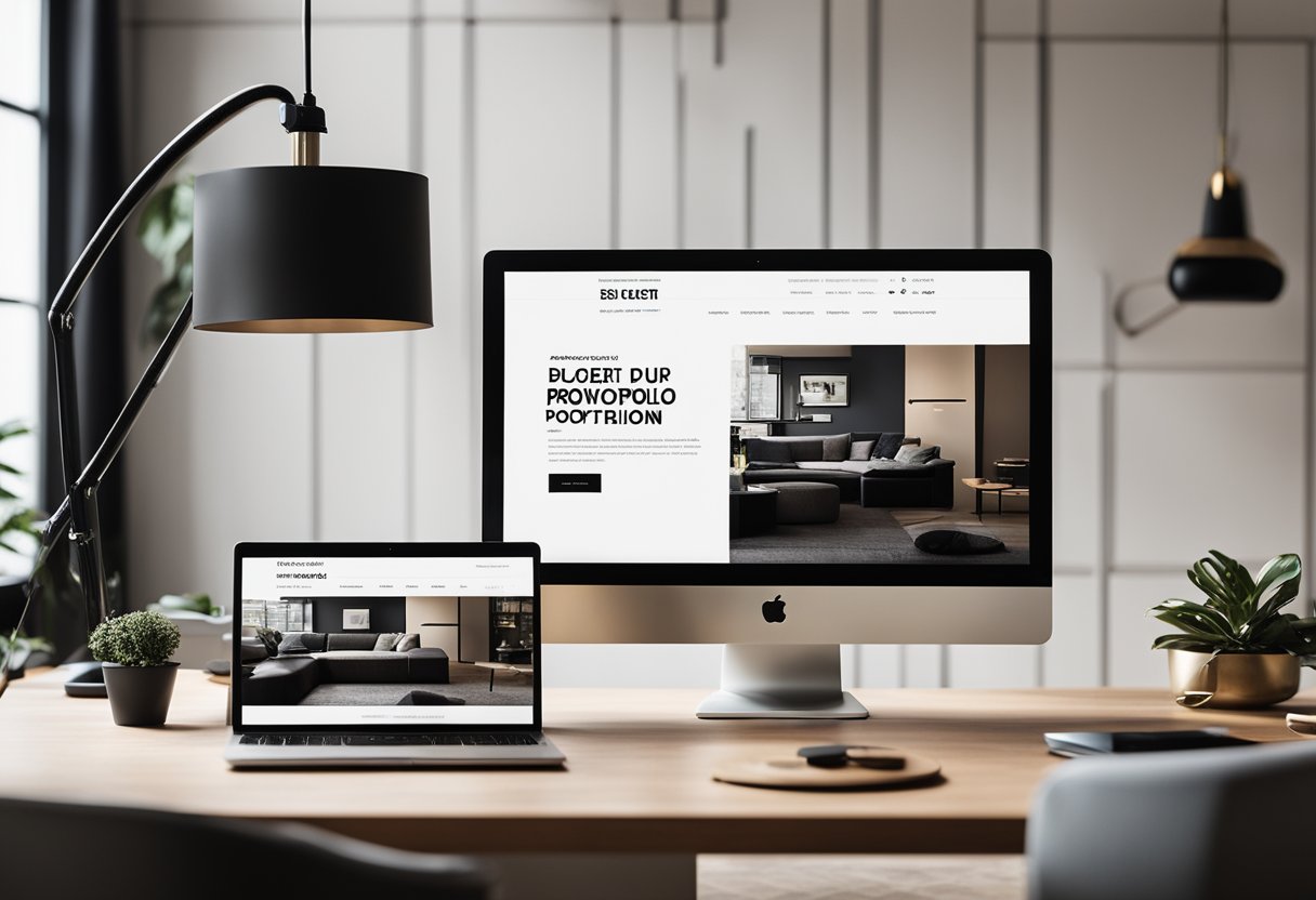 A laptop displaying a sleek interior design portfolio website, with a stylish room mock-up and project descriptions